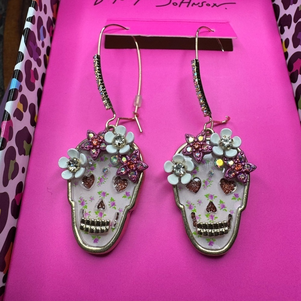 Betsey Johnson Halloween Floral Skull Earrings in Pink and Gold